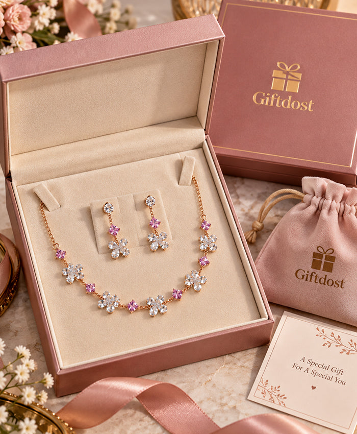 Rose Gold Pink & Clear Crystal Floral Necklace and Earrings Set