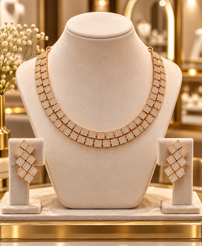 Rose Gold Square Link Crystal Necklace & Earrings Set