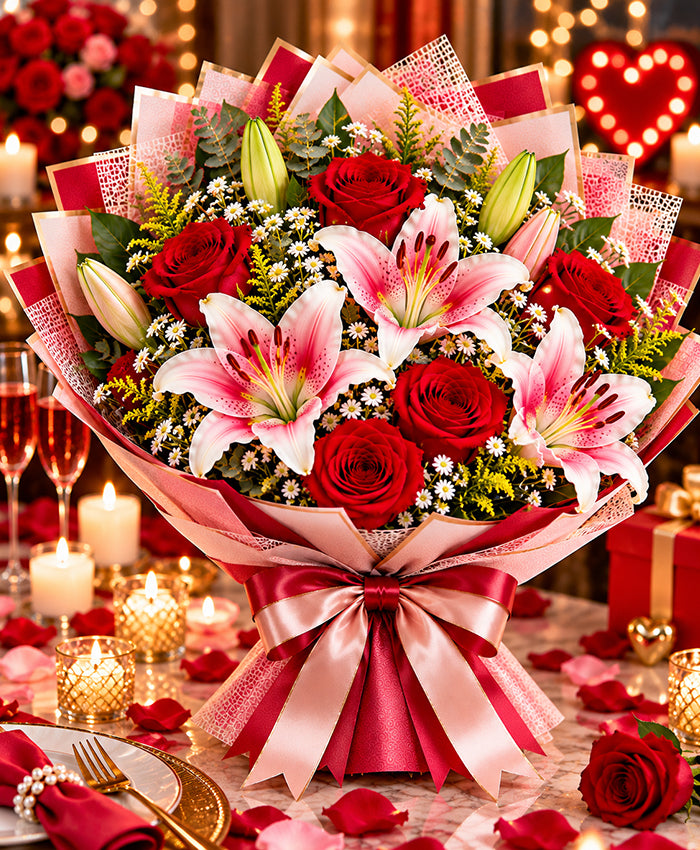 Rose & Lily Bouquet – 8 Roses + 3 Lilies