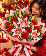 Rose & Lily Bouquet – 8 Roses + 3 Lilies