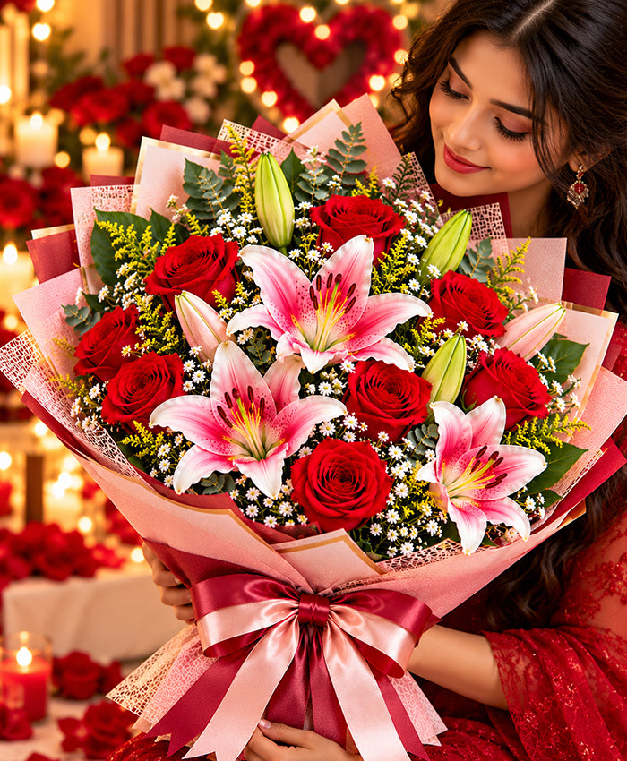 Rose & Lily Bouquet – 8 Roses + 3 Lilies