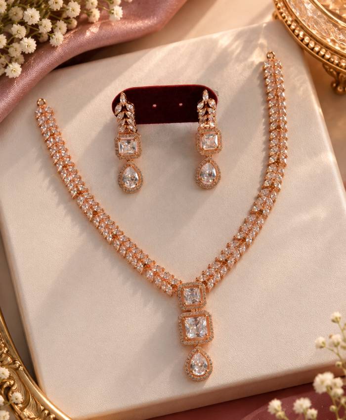 Rose Gold Crystal Leaf-Design Necklace & Earrings Set