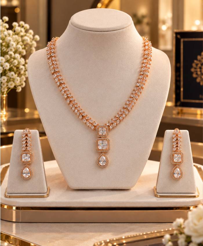 Rose Gold Crystal Leaf-Design Necklace & Earrings Set