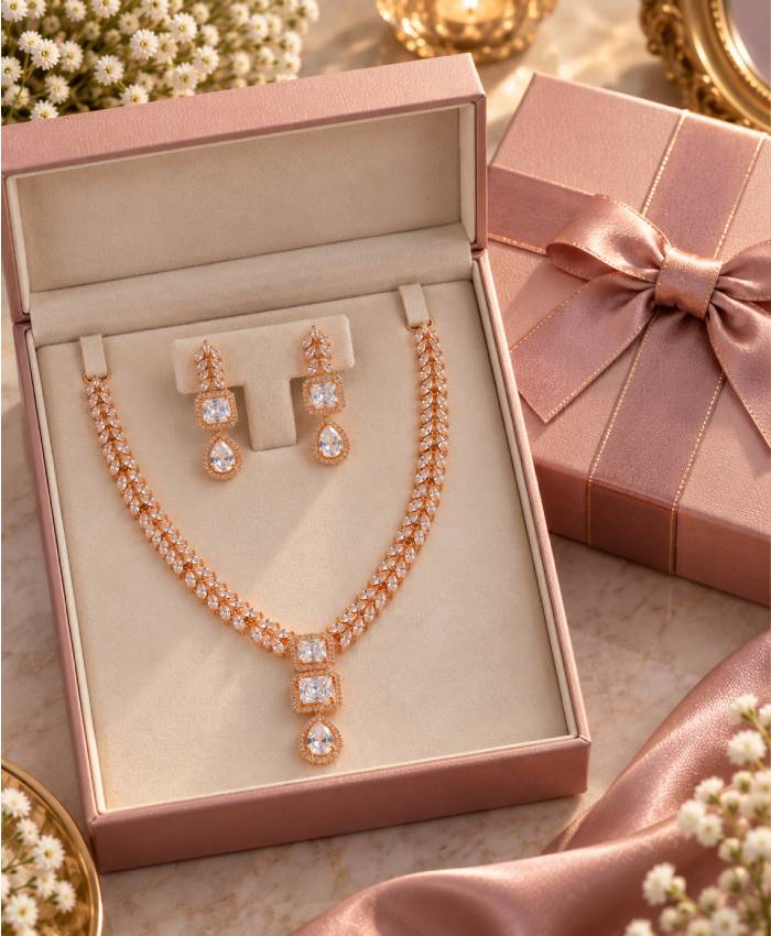 Rose Gold Crystal Leaf-Design Necklace & Earrings Set