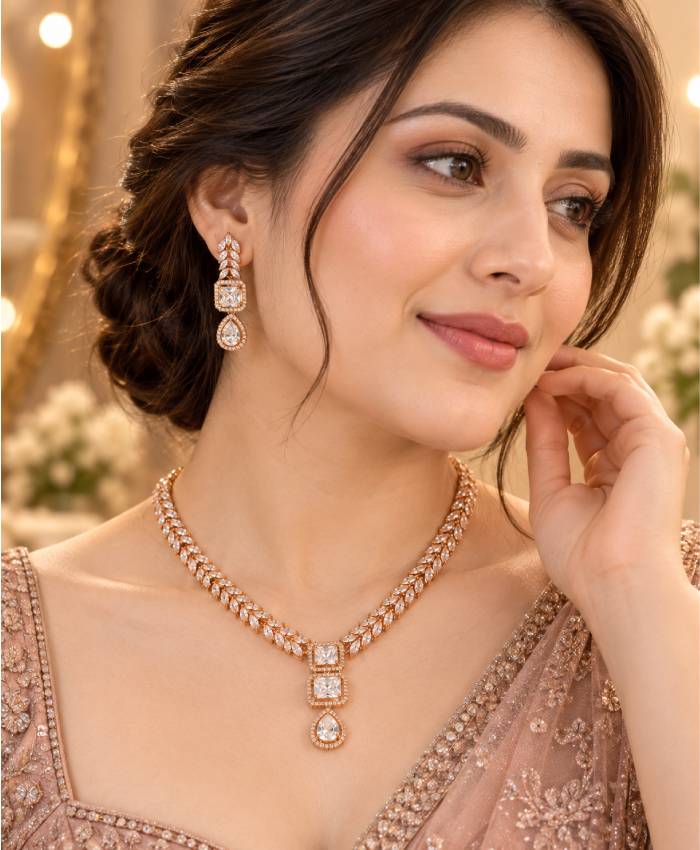 Rose Gold Crystal Leaf-Design Necklace & Earrings Set