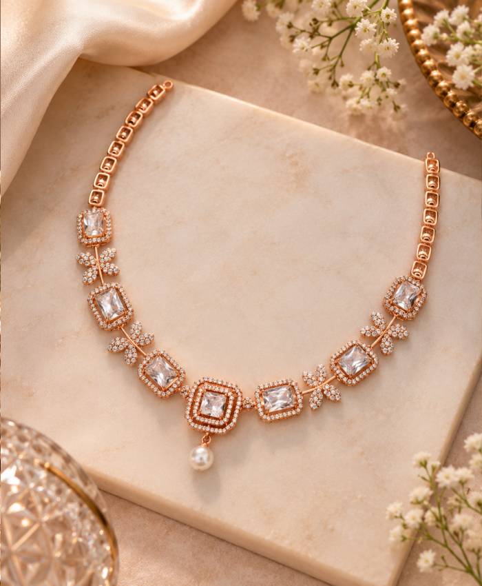 Rose Gold Crystal & Pearl Necklace and Earrings Set