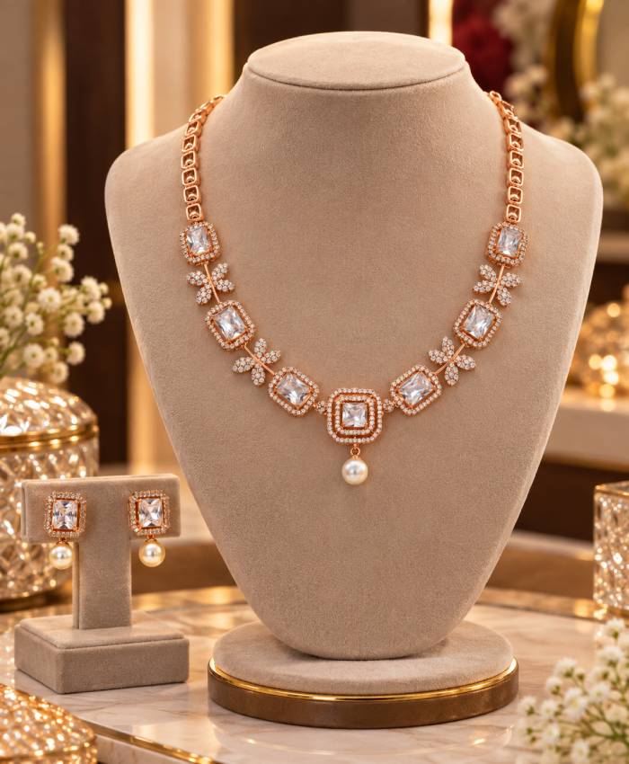 Rose Gold Crystal & Pearl Necklace and Earrings Set