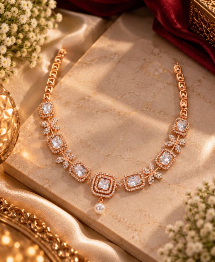 Rose Gold Crystal & Pearl Necklace and Earrings Set