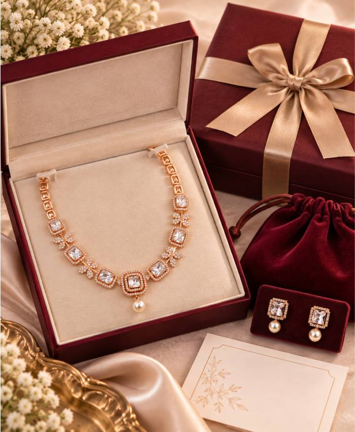 Rose Gold Crystal & Pearl Necklace and Earrings Set