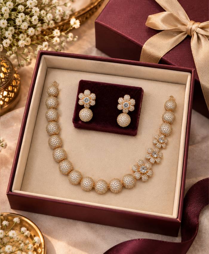 Rose Gold Floral Crystal Necklace & Earrings Set