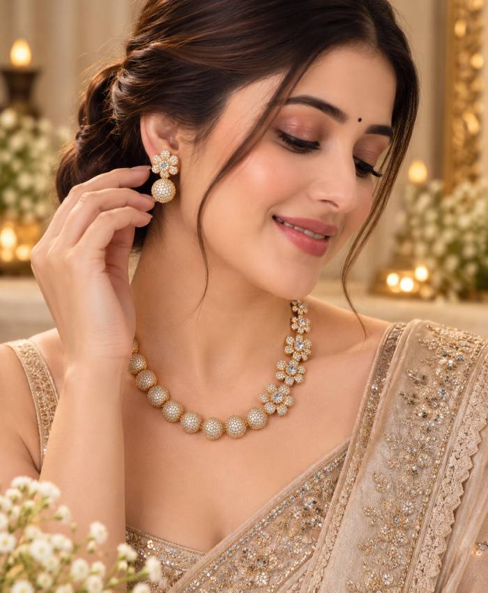 Rose Gold Floral Crystal Necklace & Earrings Set