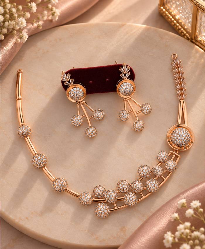 Rose Gold Floral Elegance Necklace Set with Matching Earrings