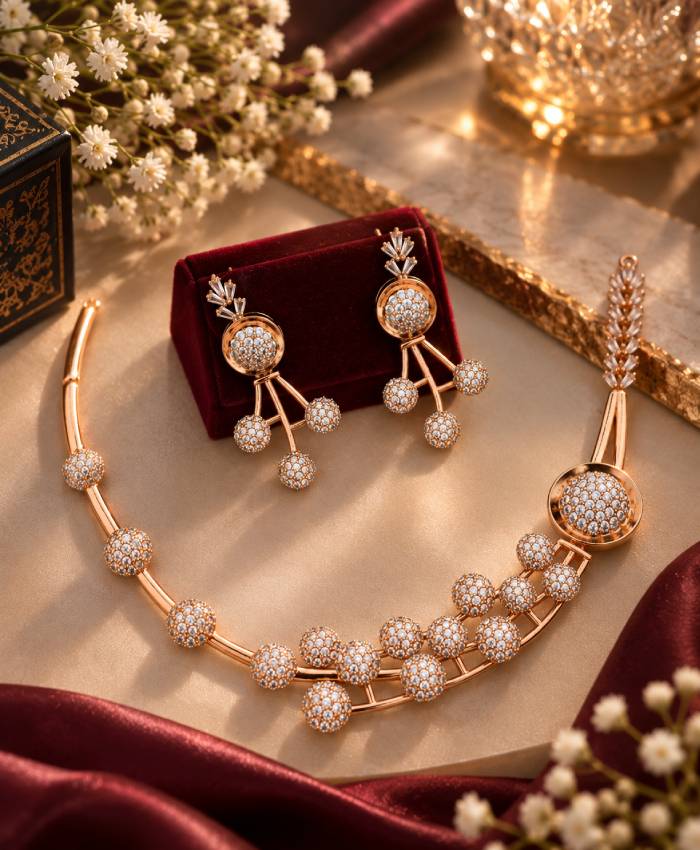 Rose Gold Floral Elegance Necklace Set with Matching Earrings