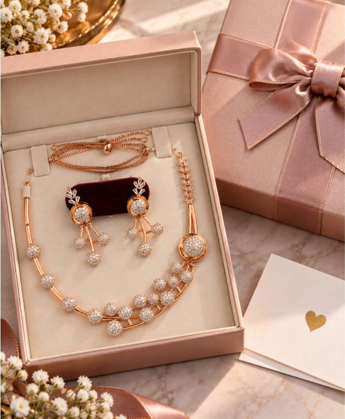 Rose Gold Floral Elegance Necklace Set with Matching Earrings