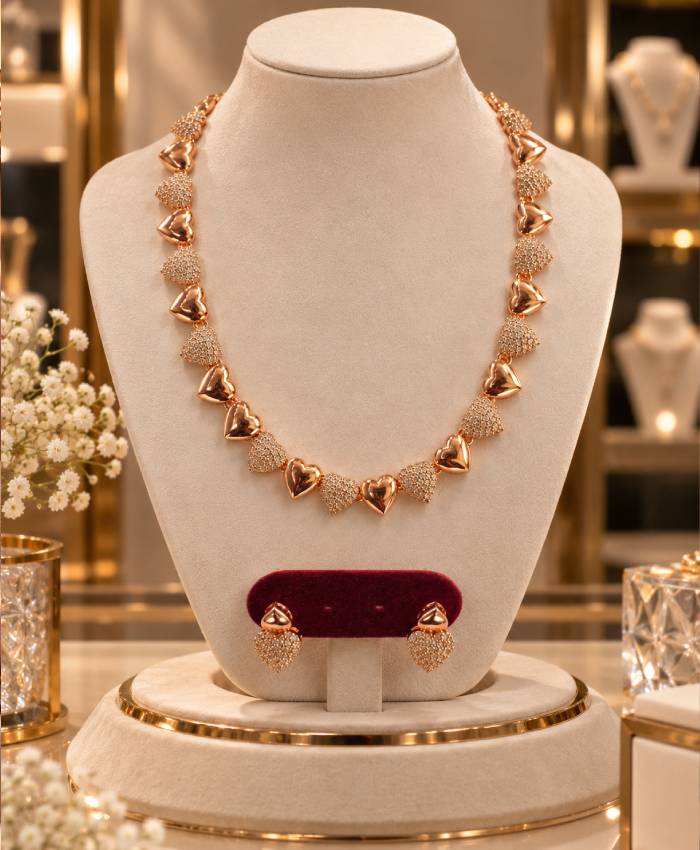 Rose Gold Heart Link Necklace Set with Matching Heart Earrings