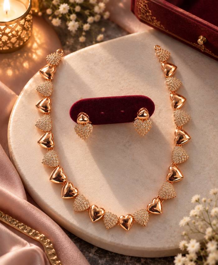 Rose Gold Heart Link Necklace Set with Matching Heart Earrings