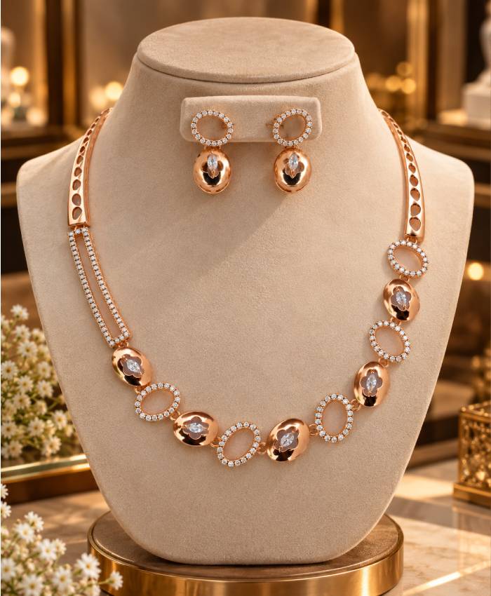 Rose Gold Oval Link Necklace & Earrings Set