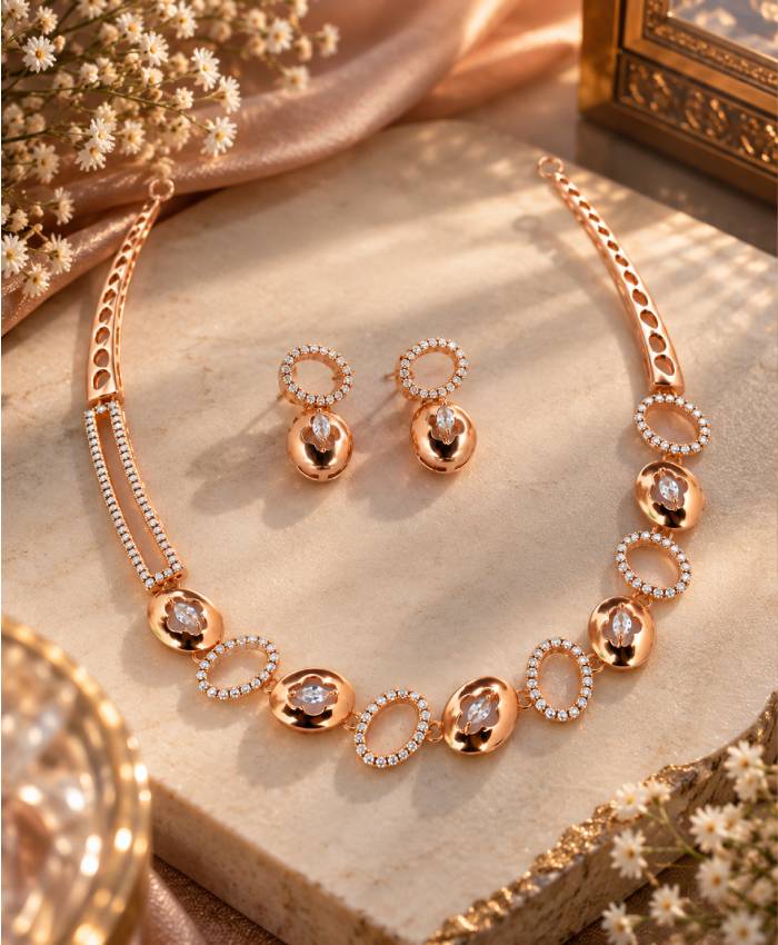 Rose Gold Oval Link Necklace & Earrings Set