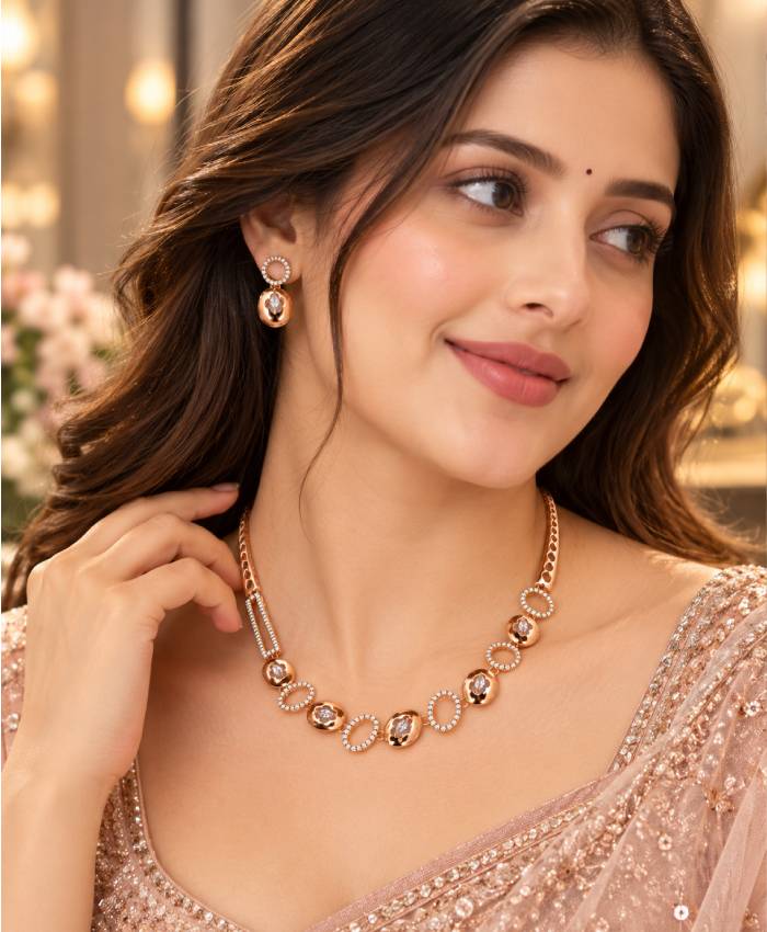 Rose Gold Oval Link Necklace & Earrings Set
