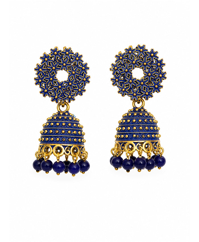 Royal Blue Floral Jhumka Earrings with Gold-Tone Detailing