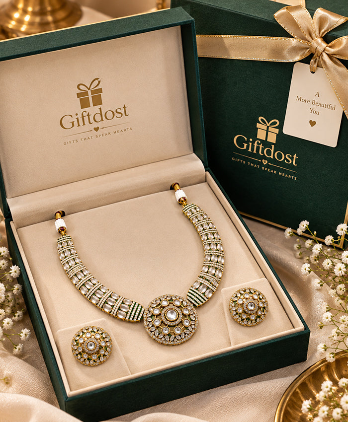 Royal Green Kundan Statement Necklace Set with Matching Earrings