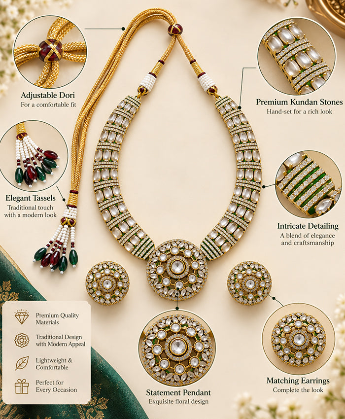 Royal Green Kundan Statement Necklace Set with Matching Earrings