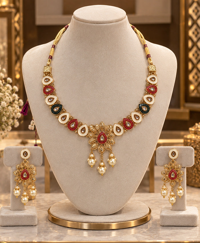 Royal Kundan-Inspired Dori Necklace Set with Matching Pearl Drop Earrings