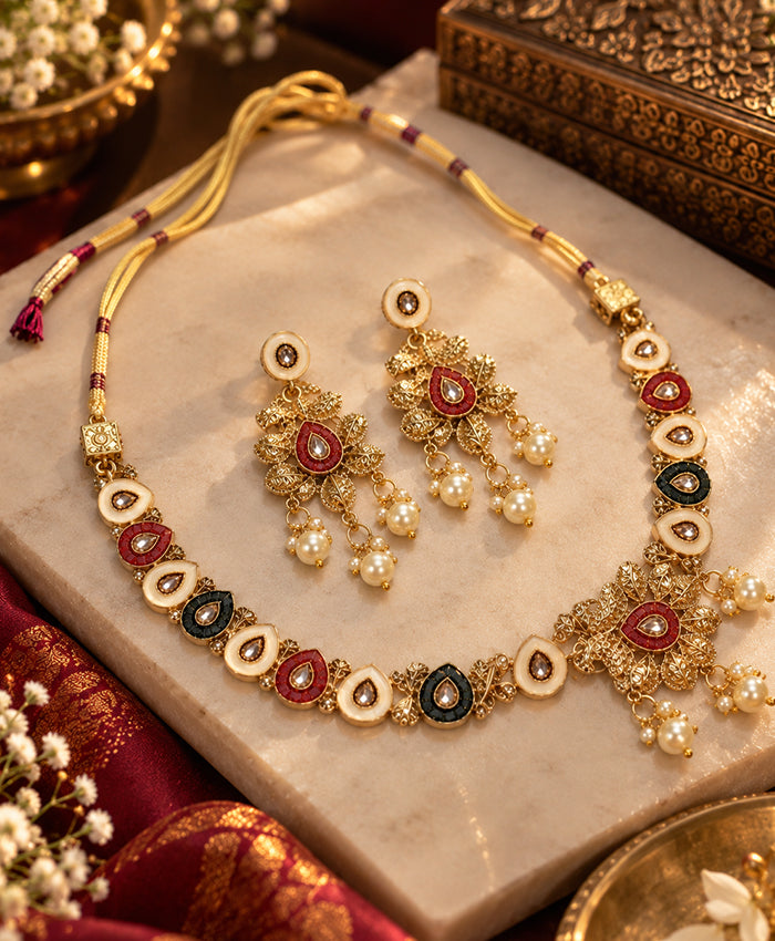 Royal Kundan-Inspired Dori Necklace Set with Matching Pearl Drop Earrings