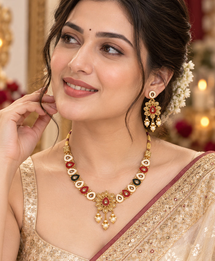 Royal Kundan-Inspired Dori Necklace Set with Matching Pearl Drop Earrings