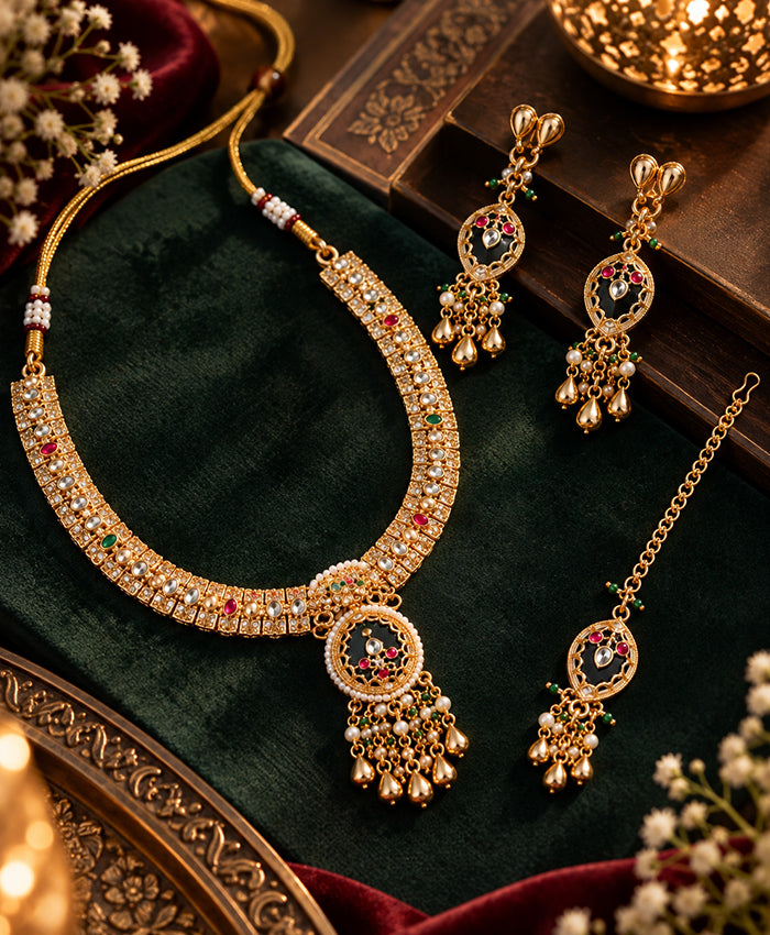 Royal Kundan-Inspired Gold-Tone Necklace Set with Matching Earrings & Maang Tikka