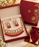 Royal Kundan-Inspired Gold & Ruby Bead Bridal Necklace Set