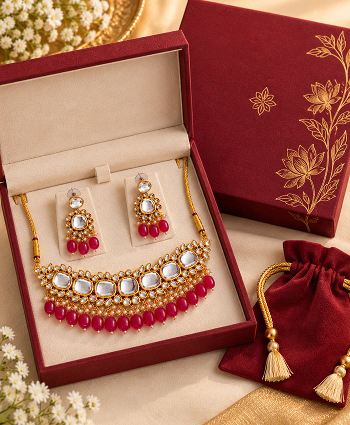 Royal Kundan-Inspired Gold & Ruby Bead Bridal Necklace Set
