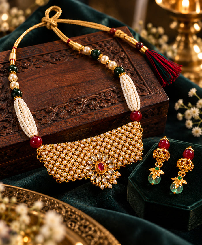 Royal Kundan Pearl Choker Necklace Set with Green & Ruby Beads