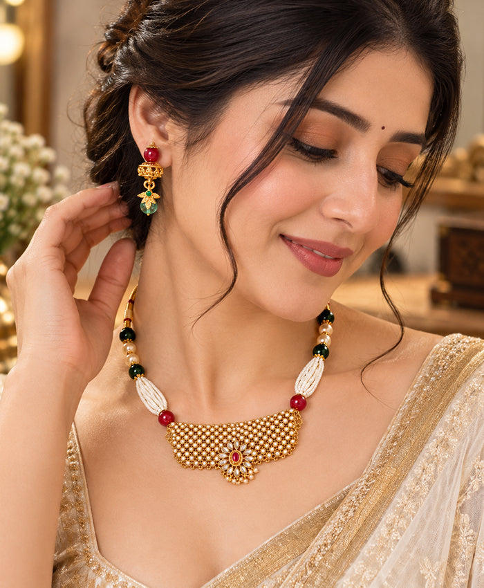 Royal Kundan Pearl Choker Necklace Set with Green & Ruby Beads
