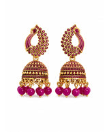 Royal Peacock Jhumka Earrings with Magenta Beaded Drops