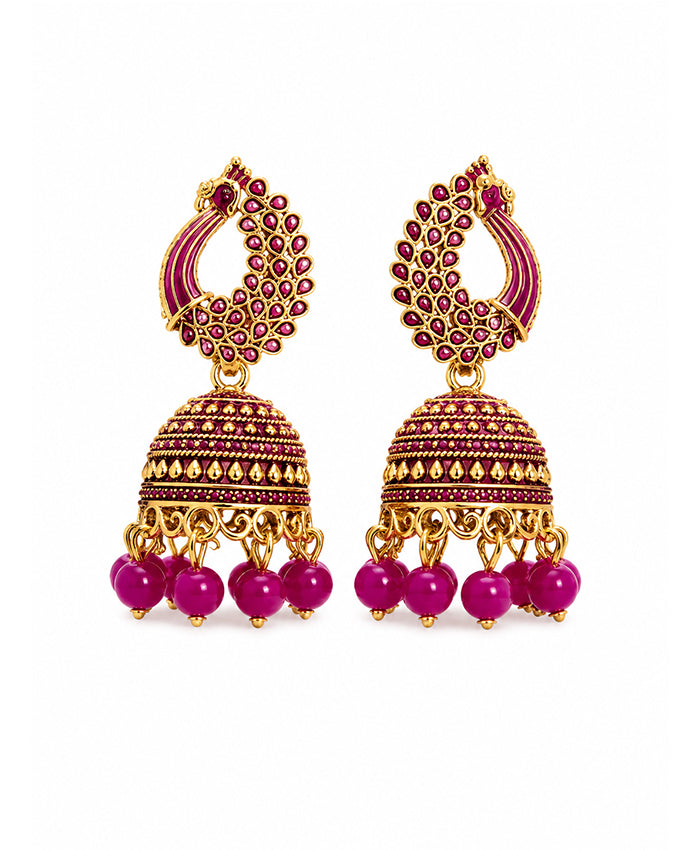 Royal Peacock Jhumka Earrings with Magenta Beaded Drops