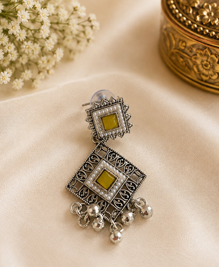 Royal Yellow Stone Oxidized Silver-Tone Statement Earrings
