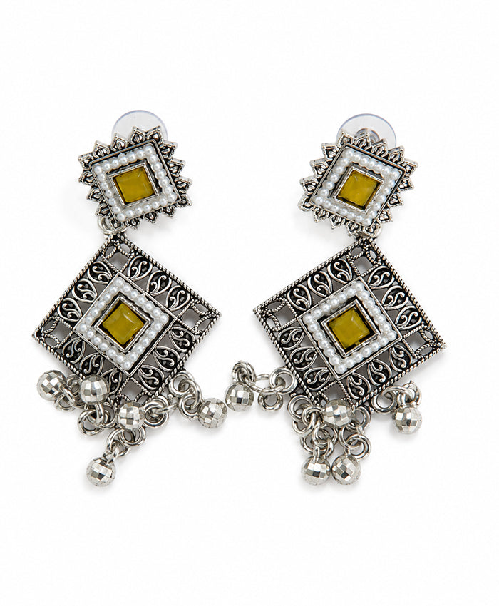 Royal Yellow Stone Oxidized Silver-Tone Statement Earrings