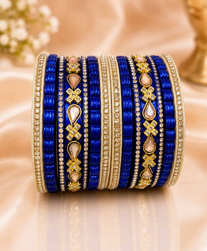 Royal Blue Crystal Embellished Lac Bangle Set