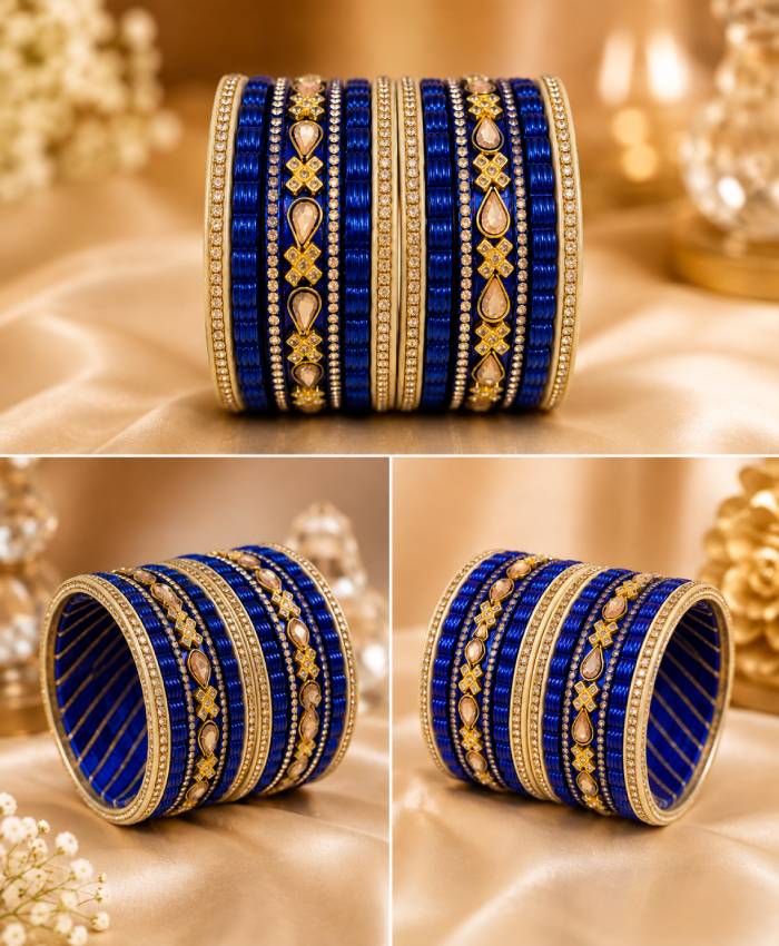 Royal Blue Crystal Embellished Lac Bangle Set