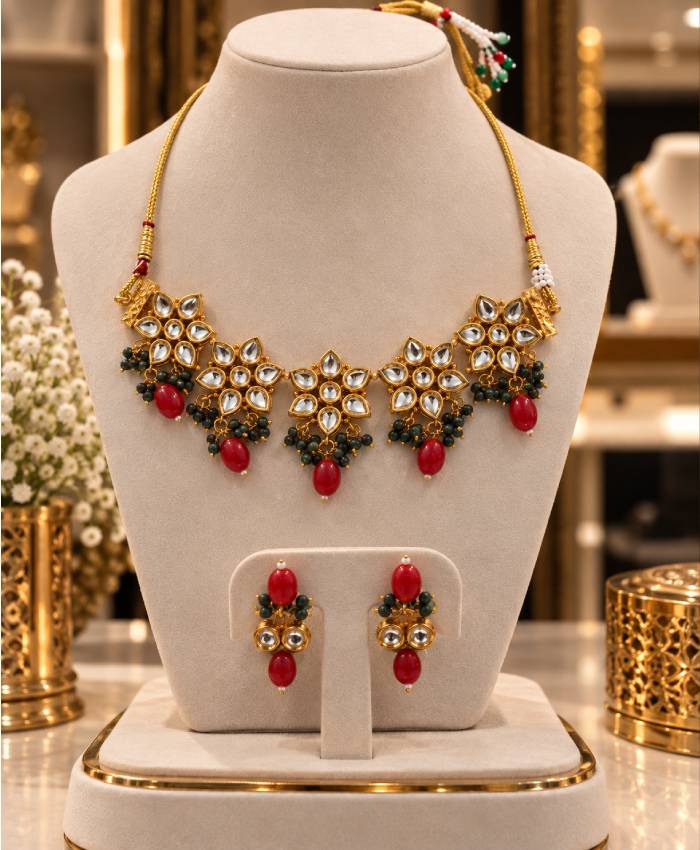 Royal Kundan-Inspired Gold Necklace & Earrings Set with Red and Green Beads