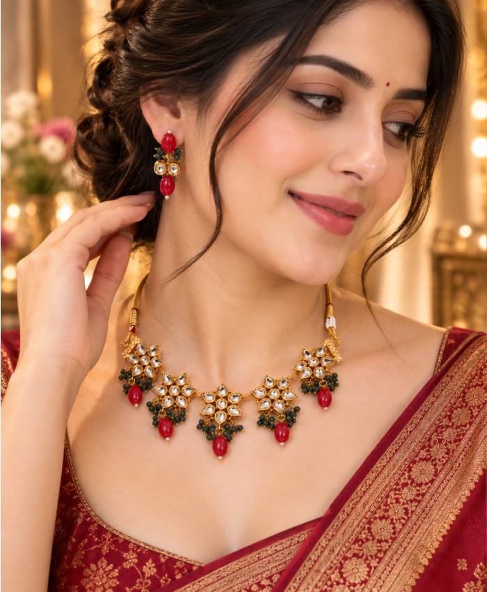 Royal Kundan-Inspired Gold Necklace & Earrings Set with Red and Green Beads