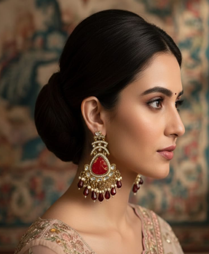 Royal Maroon Stone Kundan Pearl Drop Earrings
