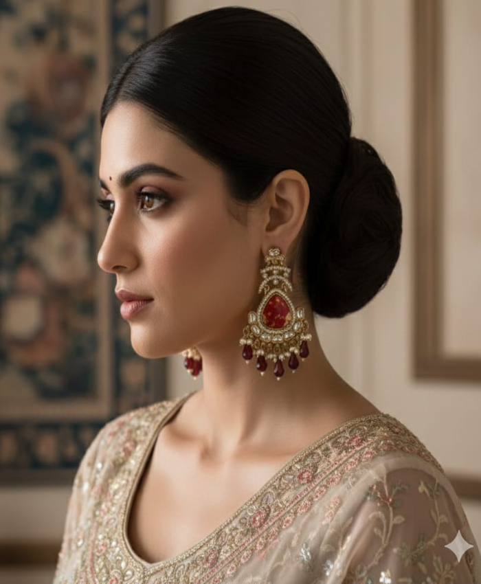 Royal Maroon Stone Kundan Pearl Drop Earrings
