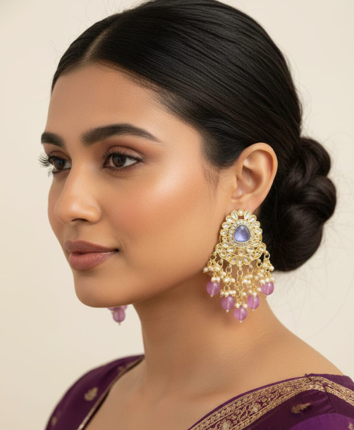 Royal Purple & Pink Pearl Chandbali Earrings