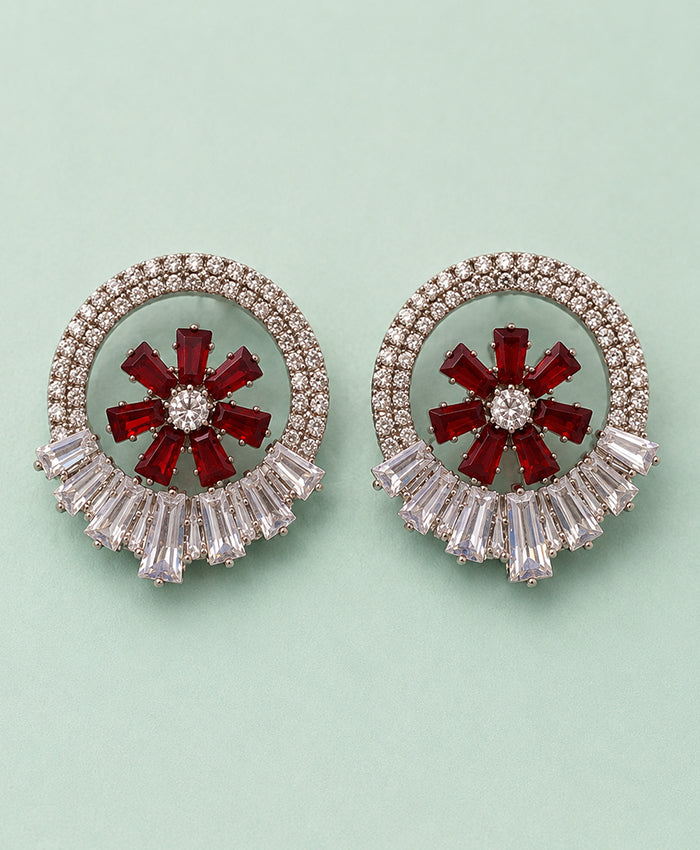 Ruby Red Floral Crystal Statement Stud Earrings