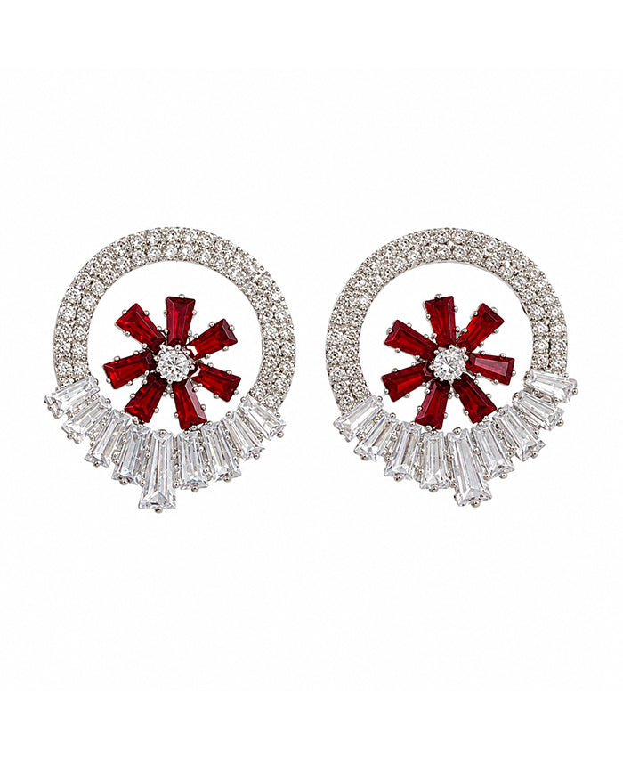 Ruby Red Floral Crystal Statement Stud Earrings
