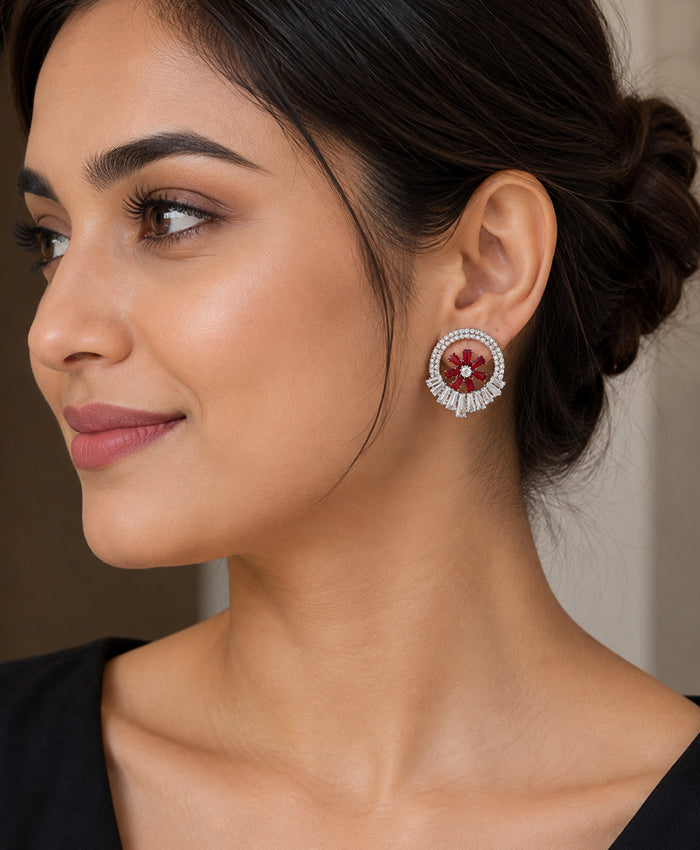 Ruby Red Floral Crystal Statement Stud Earrings