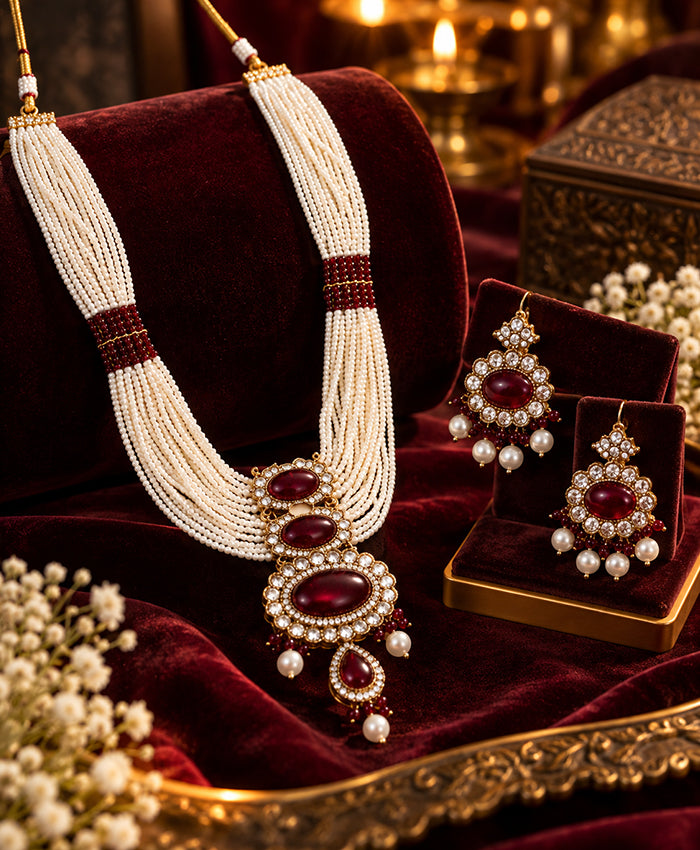 Ruby Red Pearl Multi-Strand Necklace & Earrings Set