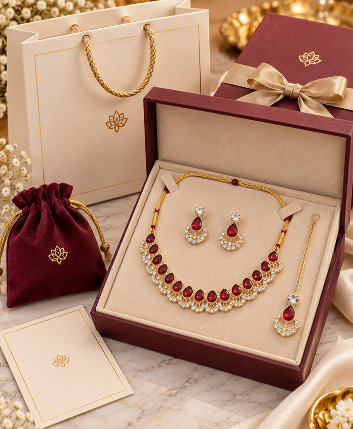 Ruby Red Teardrop Necklace & Matching Earrings Set